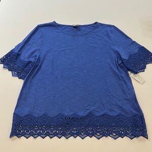 NWT $59.50 Chico's Blue Blouse Top with Lace Trim Sz 3 (16-18)